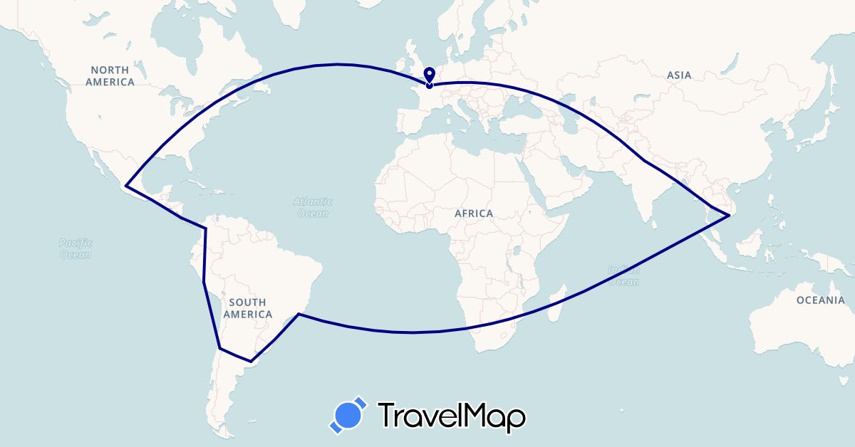 TravelMap itinerary: driving in Argentina, Brazil, Chile, Colombia, Costa Rica, France, India, Cambodia, Mexico, Peru, Thailand, Vietnam (Asia, Europe, North America, South America)